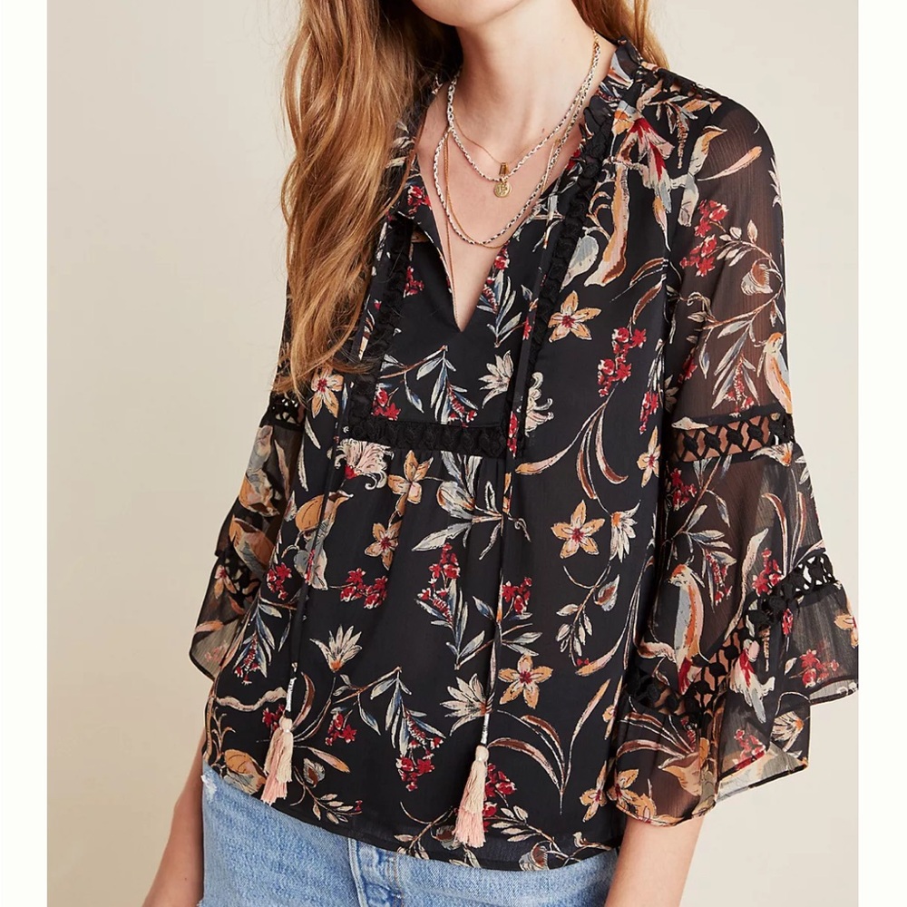 Anthropologie Black Floral Sheer Tassel V-Neck Blouse